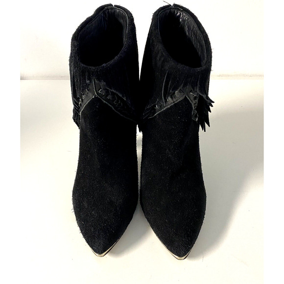 IRO Xabea Black Suede Leather Bootie Ankle Boot Fringe Point Toe Cone He… - Picture 4 of 9